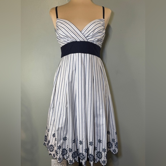 Necessary Objects Navy Blue White Floral Embroidered Striped Fit & Flare Dress - Picture 1 of 8